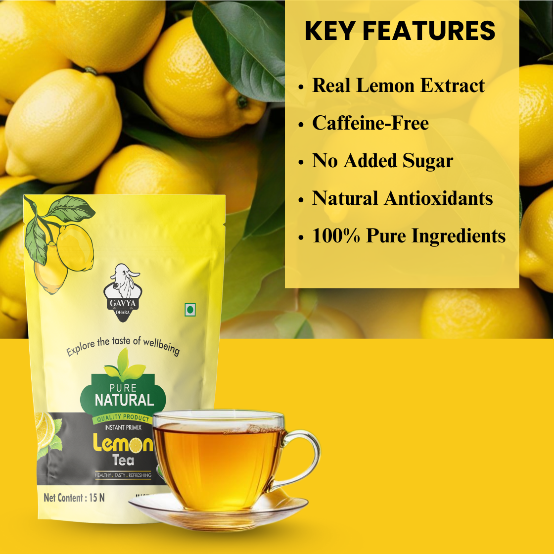 Gavyadhara Natural & Instant Lemon Tea, 120gms (15 Pouches of 8gms)